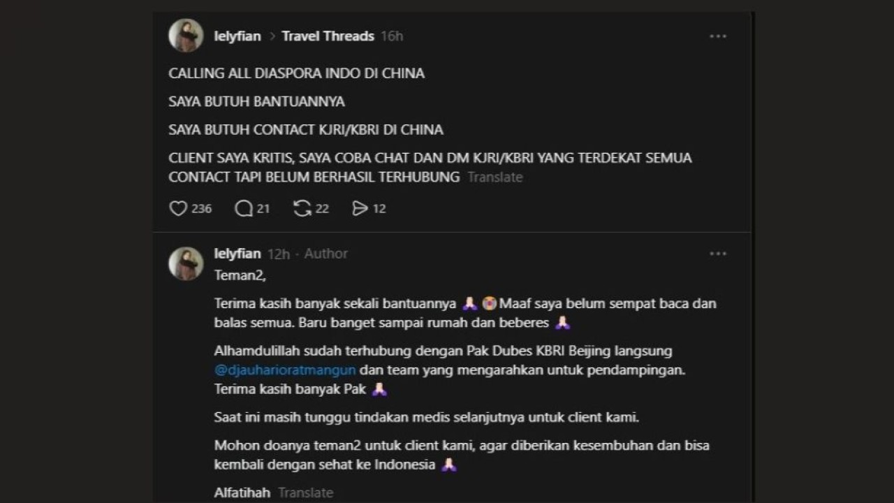 Seorang warganet, Lely Indriani membagikan pengalamannya terhubung langsung dan mendapat respons cepat dari Duta Besar Republik Indonesia di Beijing, China, melalui media sosial Threads setelah terjebak dalam situasi kritis. (Foto: Tangkapan layar akun @lelyfian)