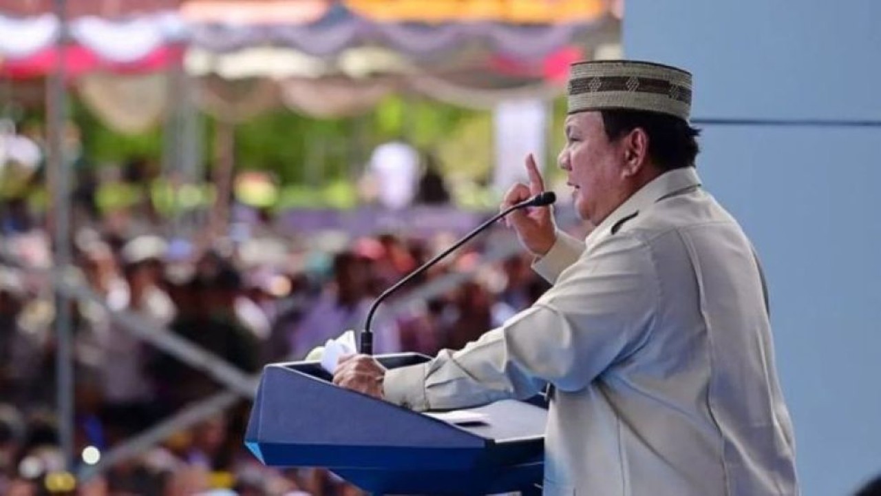 Presiden Prabowo Subianto berpidato saat acara puncak Pekan Nasional (PENAS) Kontak Tani Nelayan Andalan (KTNA) XVII di Kabupaten Gorontalo, Provinsi Gorontalo, Rabu, 24 Juni 2026. (Foto: Antara)