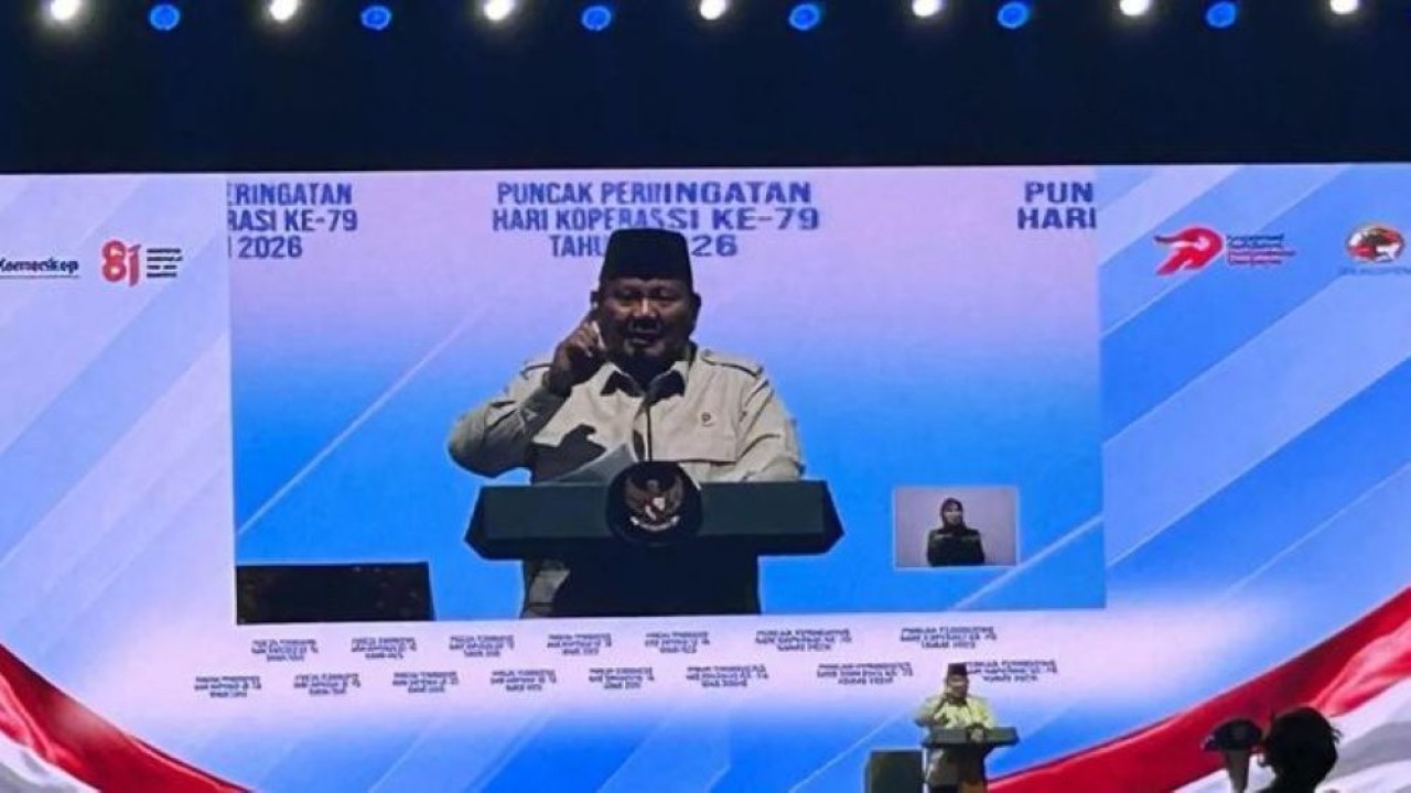 Presiden Prabowo Subianto berpidato pada puncak Perayaan Hari Koperasi Nasional ke-79 di Indonesia Arena, Kompleks Gelora Bung Karno (GBK), Jakarta, Minggu, 12 Juli 2026. (Foto: Antara)