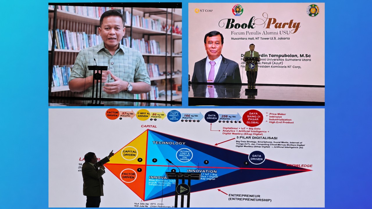 Presiden Komisaris NT Corporation DR. Ir. Nurdin Tampubolon, MM memberikan kuliah 7 menit tentang dampak ilmu dan inovasi dengan pengalaman sendiri di industri sawit pada acara Book Party Forum Penulis Alumni USU di Nusantara Hall, NT Tower lt.9, Jakarta.